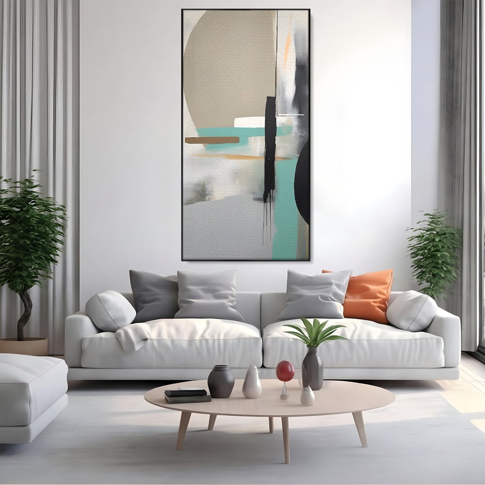 Tablou canvas cu tablou canvas cu forme abstracte, in rama de aluminiu negru, pe perete intr-un living